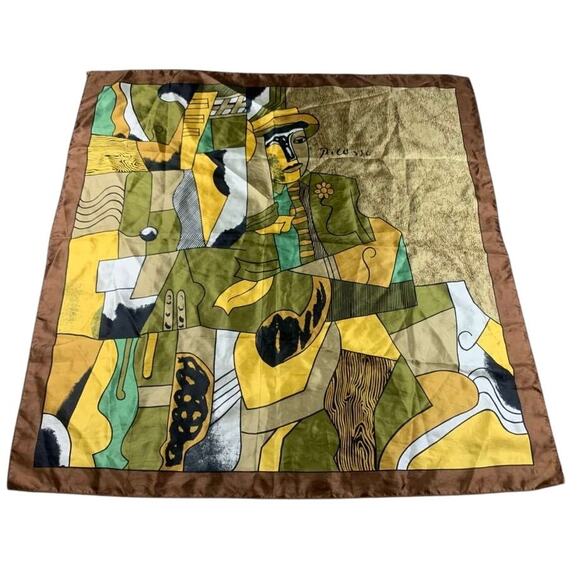 Vintage Picasso Print Art Graphic Scarf Multi Brown Polyester Silk Signature - Picture 1 of 6